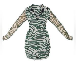 Plus size Green Zebra Print Mesh Button Down Shirt Dress